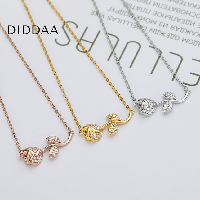 Floral Pendant Necklace | Gold Zirconia Rose Flower Chain - Silver - Necklaces