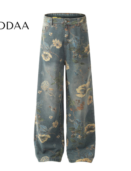 Floral Printed Loose Leg Jeans for Men and Women - S / Blue - Women’s Jeans