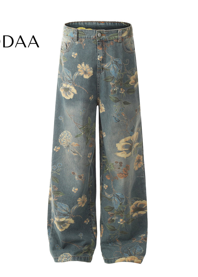Floral Printed Loose Leg Jeans for Men and Women - S / Blue - Women’s Jeans