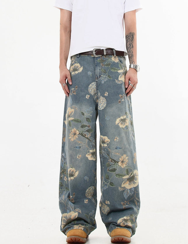 Floral Printed Loose Leg Jeans for Men and Women - Women’s Jeans