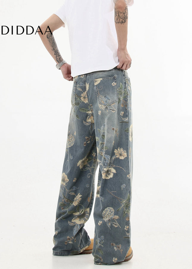 Floral Printed Loose Leg Jeans for Men and Women - Women’s Jeans