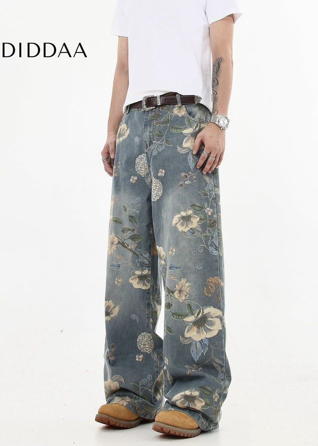 Floral Printed Loose Leg Jeans for Men and Women - Women’s Jeans