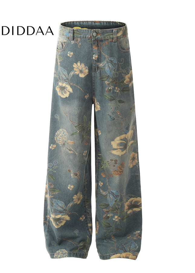 Floral Printed Loose Leg Jeans for Men and Women - Women’s Jeans