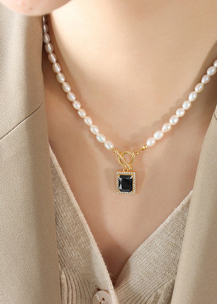 Natural freshwater pearls do not fade luster necklace heavy industry black zircon pendant OT clasp clavicle chain gold-plated jewelry