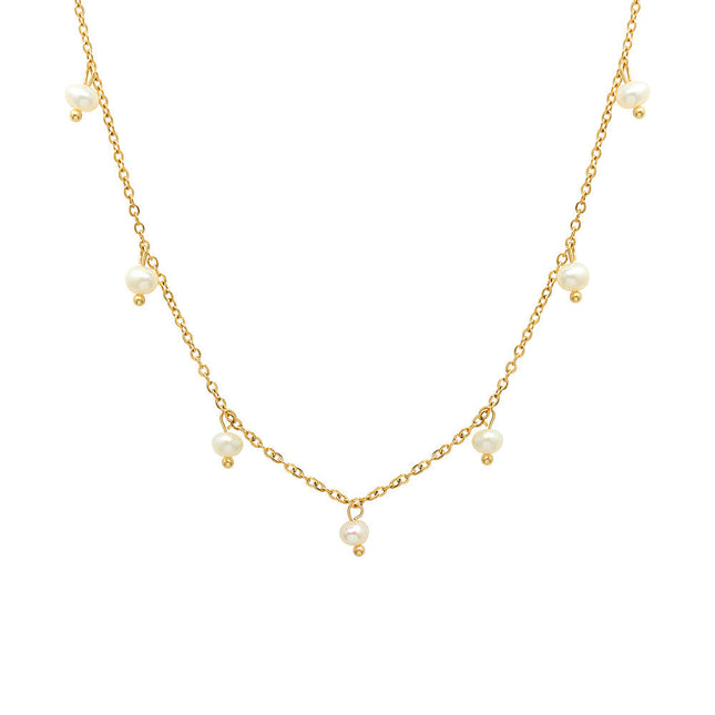 Natural niche versatile retro style jewelry, titanium steel plated 18k real gold freshwater pearl loose bead necklace, female clavicle chain