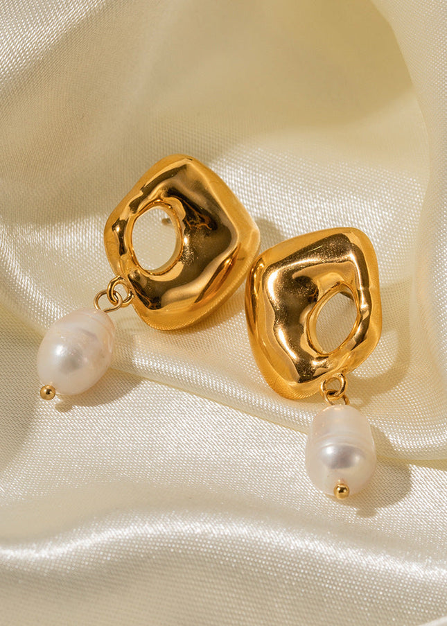 18k gold stainless steel freshwater pearl irregular pendant earrings do not fade earrings fashion versatile jewelry wholesale