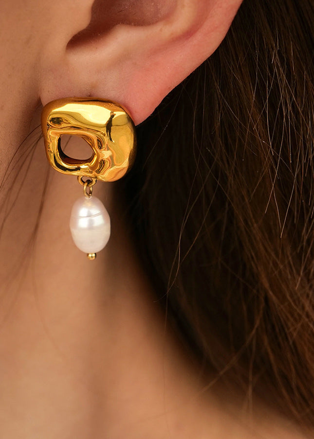 18k gold stainless steel freshwater pearl irregular pendant earrings do not fade earrings fashion versatile jewelry wholesale