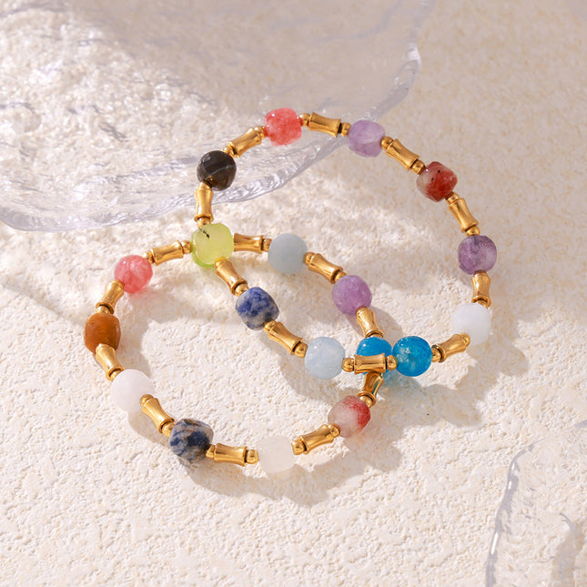 Bohemian creative color dopamine natural stone beaded bracelet cross-border hot sale titanium steel gold-plated niche design