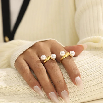 French retro geometric imitation pearl irregular opening ring titanium steel plated 18k real gold niche ins style design female