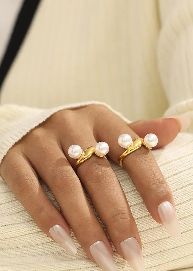 French retro geometric imitation pearl irregular opening ring titanium steel plated 18k real gold niche ins style design female