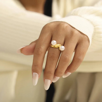 French retro geometric imitation pearl irregular opening ring titanium steel plated 18k real gold niche ins style design female