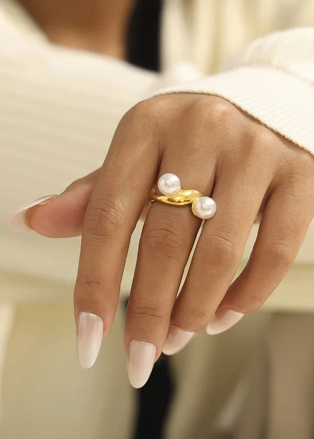 French retro geometric imitation pearl irregular opening ring titanium steel plated 18k real gold niche ins style design female