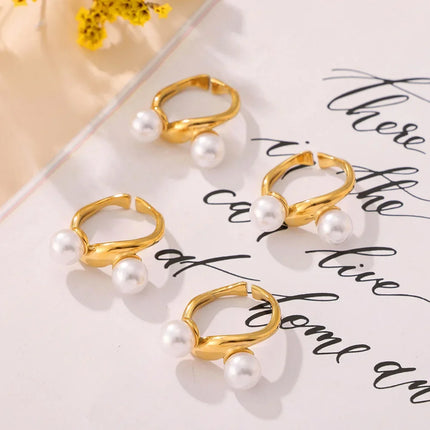 French retro geometric imitation pearl irregular opening ring titanium steel plated 18k real gold niche ins style design female