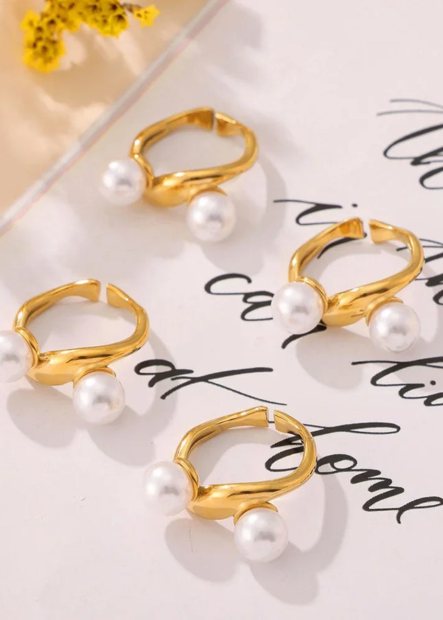 French retro geometric imitation pearl irregular opening ring titanium steel plated 18k real gold niche ins style design female