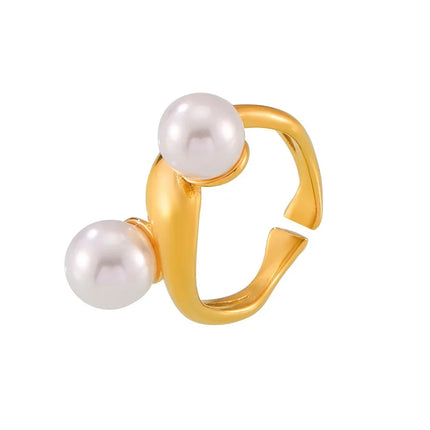 French retro geometric imitation pearl irregular opening ring titanium steel plated 18k real gold niche ins style design female