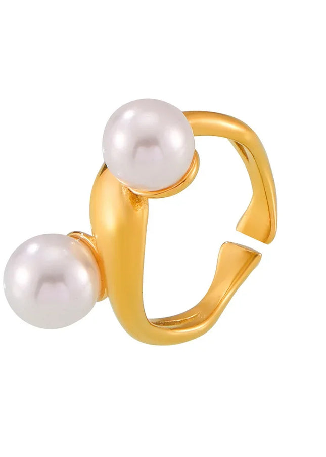 French retro geometric imitation pearl irregular opening ring titanium steel plated 18k real gold niche ins style design female