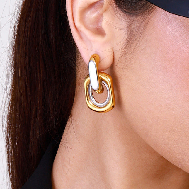 Jieding European and American stainless steel contrast circle earrings premium sense ins stud earrings 18k gold-plated titanium steel earrings cross-border