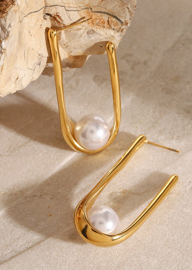 Jieding European and American stainless steel pearl earrings pendant high-end niche stud earrings 18k gold titanium steel earrings cross-border