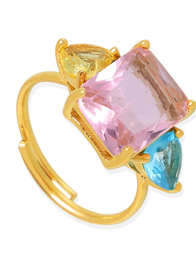 Dopamine Geometric Pink Aquamarine Zircon Ring Extra-Fine Opening Adjustment Titanium Steel PVD Plated 18K Gold Sweet Ring