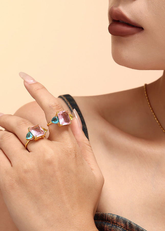 Dopamine Geometric Pink Aquamarine Zircon Ring Extra-Fine Opening Adjustment Titanium Steel PVD Plated 18K Gold Sweet Ring