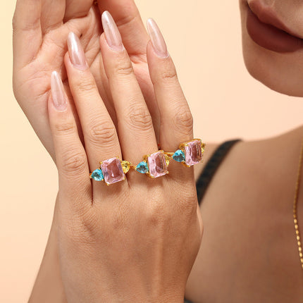 Dopamine Geometric Pink Aquamarine Zircon Ring Extra-Fine Opening Adjustment Titanium Steel PVD Plated 18K Gold Sweet Ring