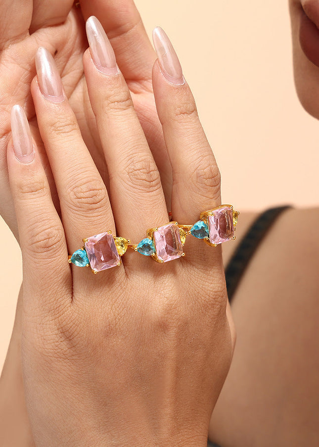 Dopamine Geometric Pink Aquamarine Zircon Ring Extra-Fine Opening Adjustment Titanium Steel PVD Plated 18K Gold Sweet Ring