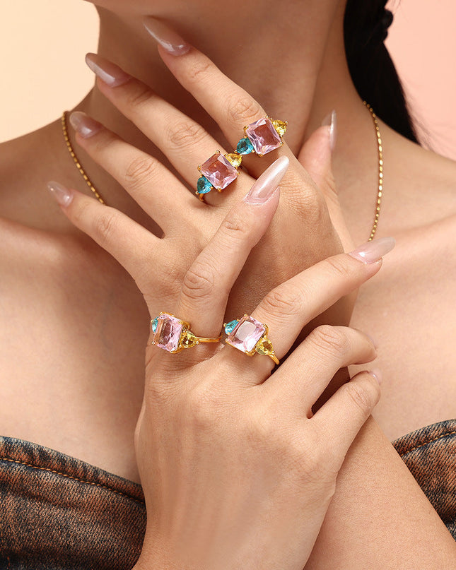 Dopamine Geometric Pink Aquamarine Zircon Ring Extra-Fine Opening Adjustment Titanium Steel PVD Plated 18K Gold Sweet Ring