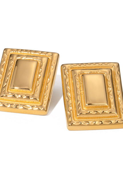 INS 18K gold stainless steel retro rectangular three-layer earrings European and American fashion Internet celebrities with the same geometric titanium steel earrings