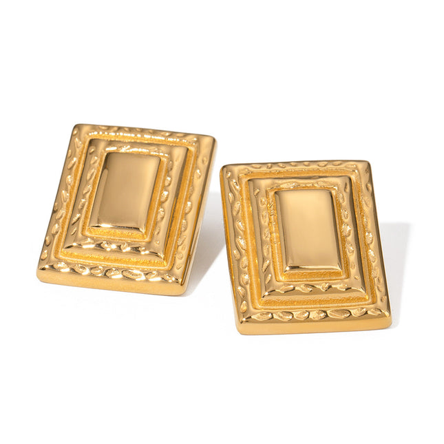 INS 18K gold stainless steel retro rectangular three-layer earrings European and American fashion Internet celebrities with the same geometric titanium steel earrings
