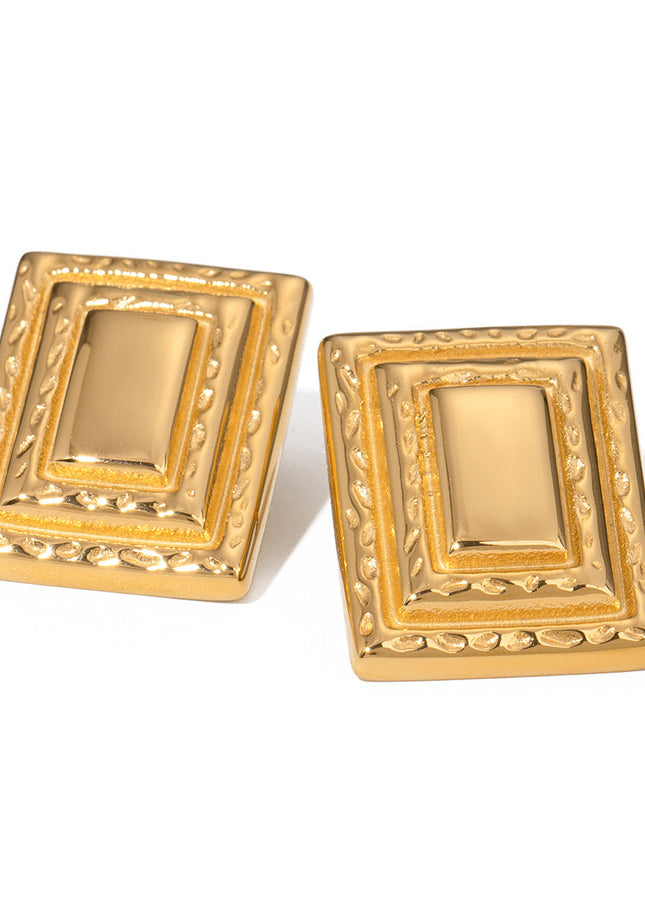 INS 18K gold stainless steel retro rectangular three-layer earrings European and American fashion Internet celebrities with the same geometric titanium steel earrings