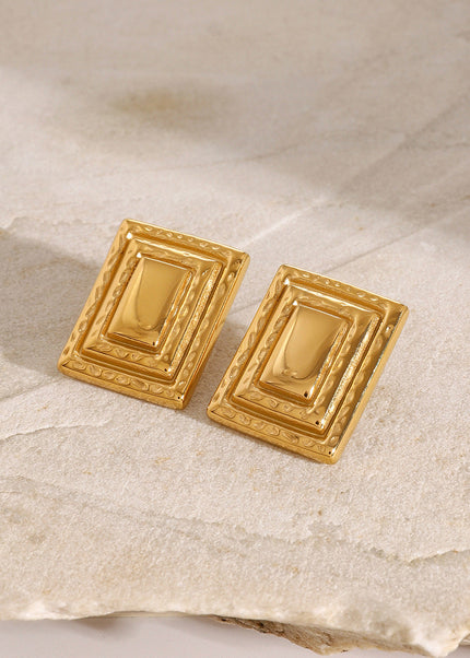 INS 18K gold stainless steel retro rectangular three-layer earrings European and American fashion Internet celebrities with the same geometric titanium steel earrings