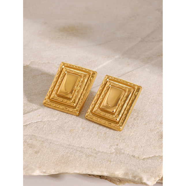 INS 18K gold stainless steel retro rectangular three-layer earrings European and American fashion Internet celebrities with the same geometric titanium steel earrings