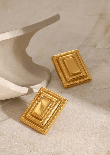 INS 18K gold stainless steel retro rectangular three-layer earrings European and American fashion Internet celebrities with the same geometric titanium steel earrings