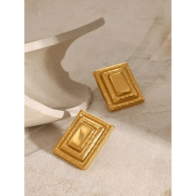 INS 18K gold stainless steel retro rectangular three-layer earrings European and American fashion Internet celebrities with the same geometric titanium steel earrings