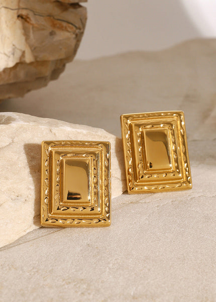 INS 18K gold stainless steel retro rectangular three-layer earrings European and American fashion Internet celebrities with the same geometric titanium steel earrings