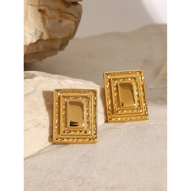 INS 18K gold stainless steel retro rectangular three-layer earrings European and American fashion Internet celebrities with the same geometric titanium steel earrings