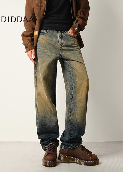 Gradient Blue Loose Straight Jeans with Retro Style - Men’s Jeans
