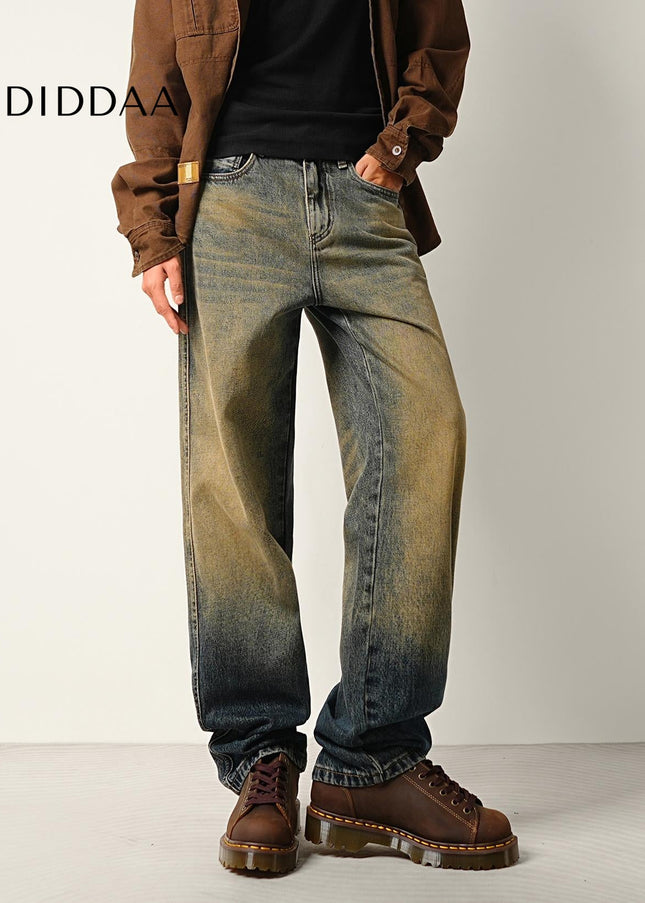 Gradient Blue Loose Straight Jeans with Retro Style - Men’s Jeans