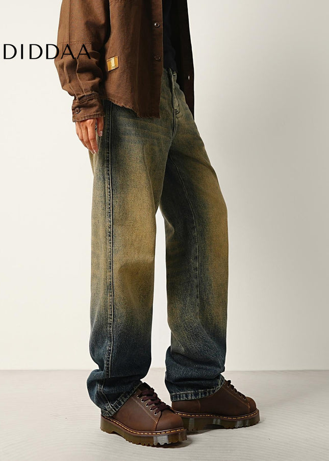 Gradient Blue Loose Straight Jeans with Retro Style - Men’s Jeans