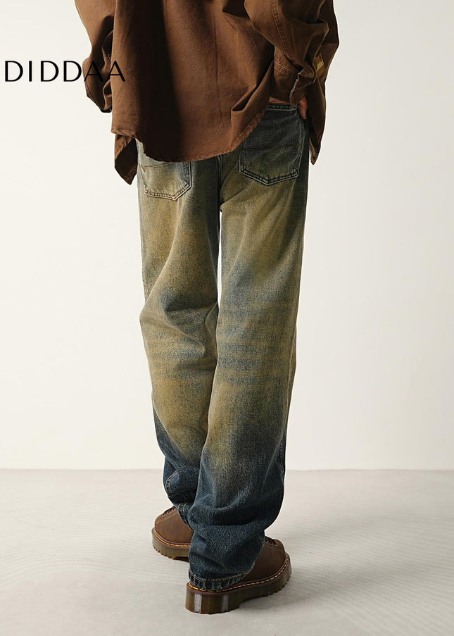Gradient Blue Loose Straight Jeans with Retro Style - Men’s Jeans