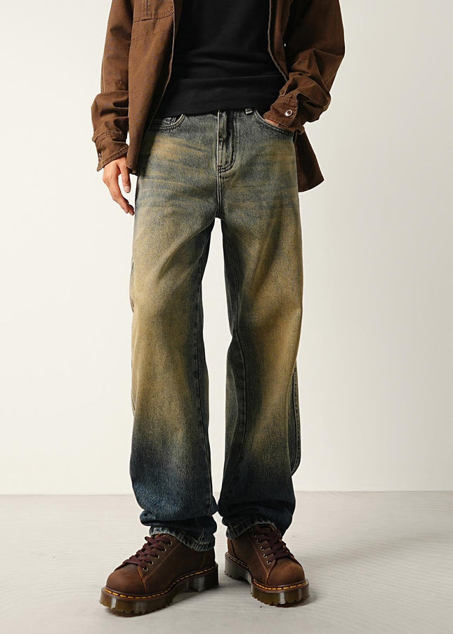 Gradient Blue Loose Straight Jeans with Retro Style - Men’s Jeans
