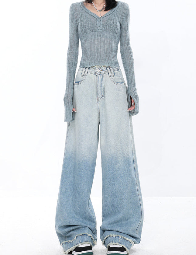 Gradient Blue Retro Raw Wide-Leg Jeans for Women - Women’s Jeans