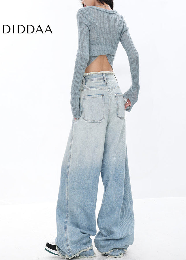 Gradient Blue Retro Raw Wide-Leg Jeans for Women - Women’s Jeans