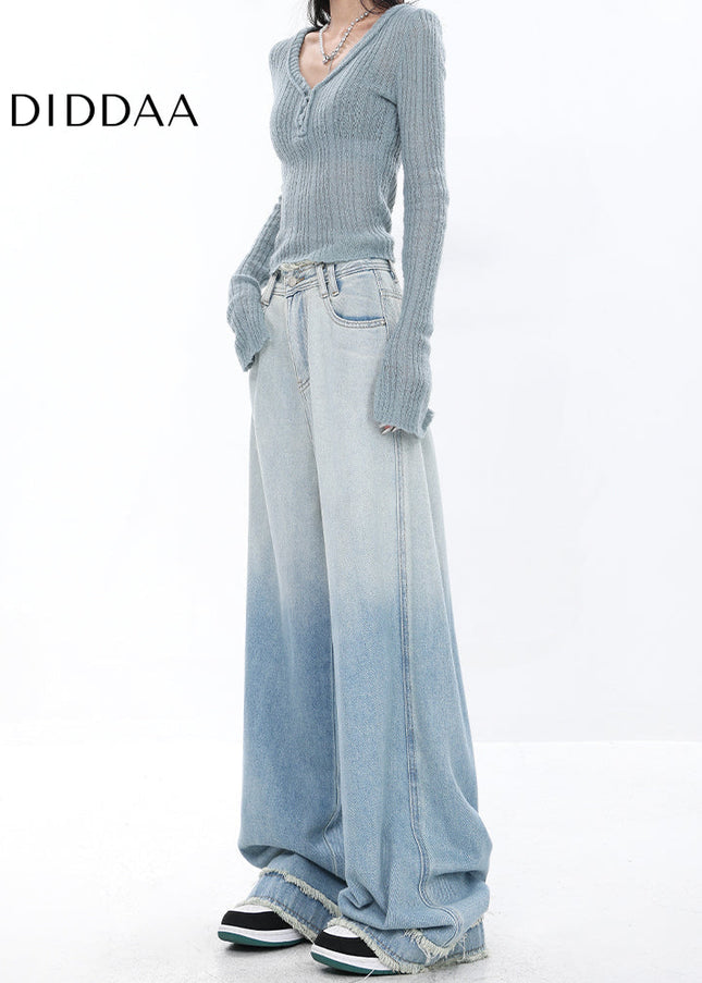 Gradient Blue Retro Raw Wide-Leg Jeans for Women - Women’s Jeans