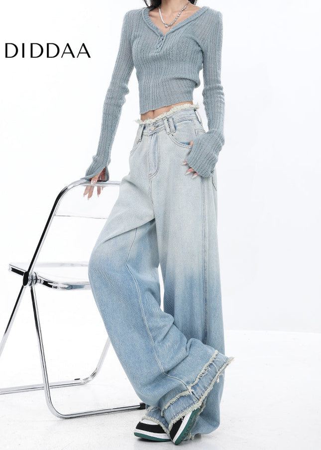 Gradient Blue Retro Raw Wide-Leg Jeans for Women - Women’s Jeans
