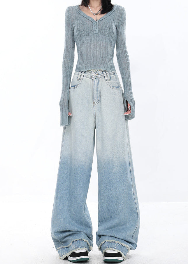 Gradient Blue Retro Raw Wide-Leg Jeans for Women - Women’s Jeans