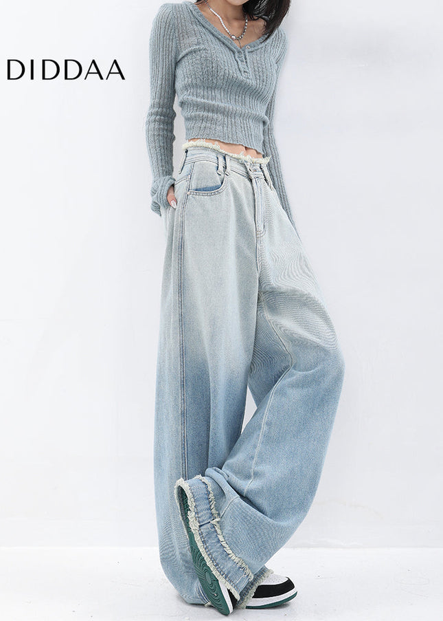 Gradient Blue Retro Raw Wide-Leg Jeans for Women - Women’s Jeans