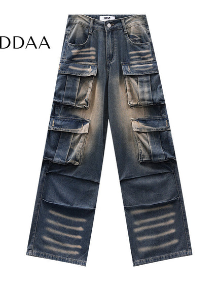 Gradient Multi-Pocket Wide-Leg Cargo Jeans - S / Blue - Women’s Jeans