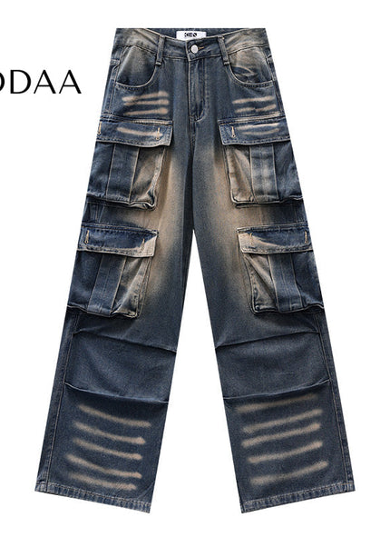 Gradient Multi-Pocket Wide-Leg Cargo Jeans - S / Blue - Women’s Jeans