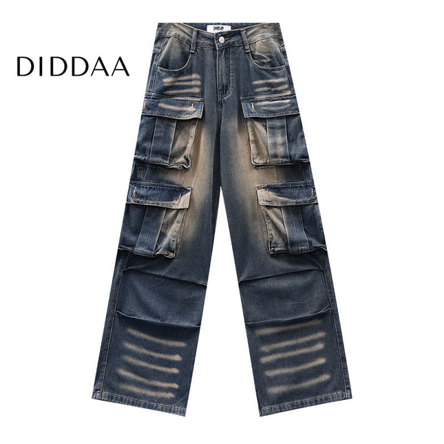 Gradient Multi-Pocket Wide-Leg Cargo Jeans - S / Blue - Women’s Jeans